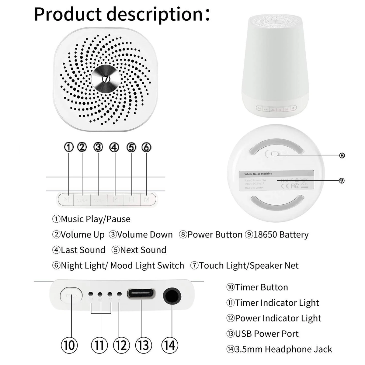 MBZ085 White Noise Machine Baby Sleep Sound Machine Colorful Night Lights 28 Soothing Sounds with 3.5Mm Headphone Jack